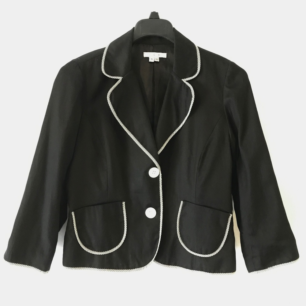 I.C.E. Black White 3/4 Sleeve Short Blazer Silk Cotton Blend